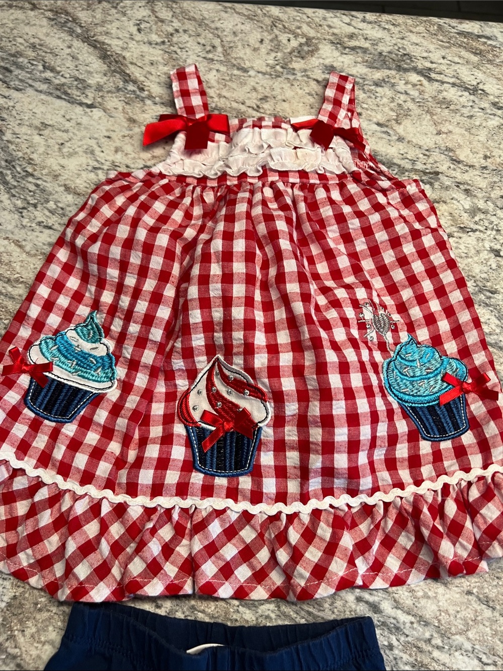 Nanette Kids Red Gingham Cupcake Applique Dress & Navy Shorts Set Preloved 3T - Picture 2 of 8